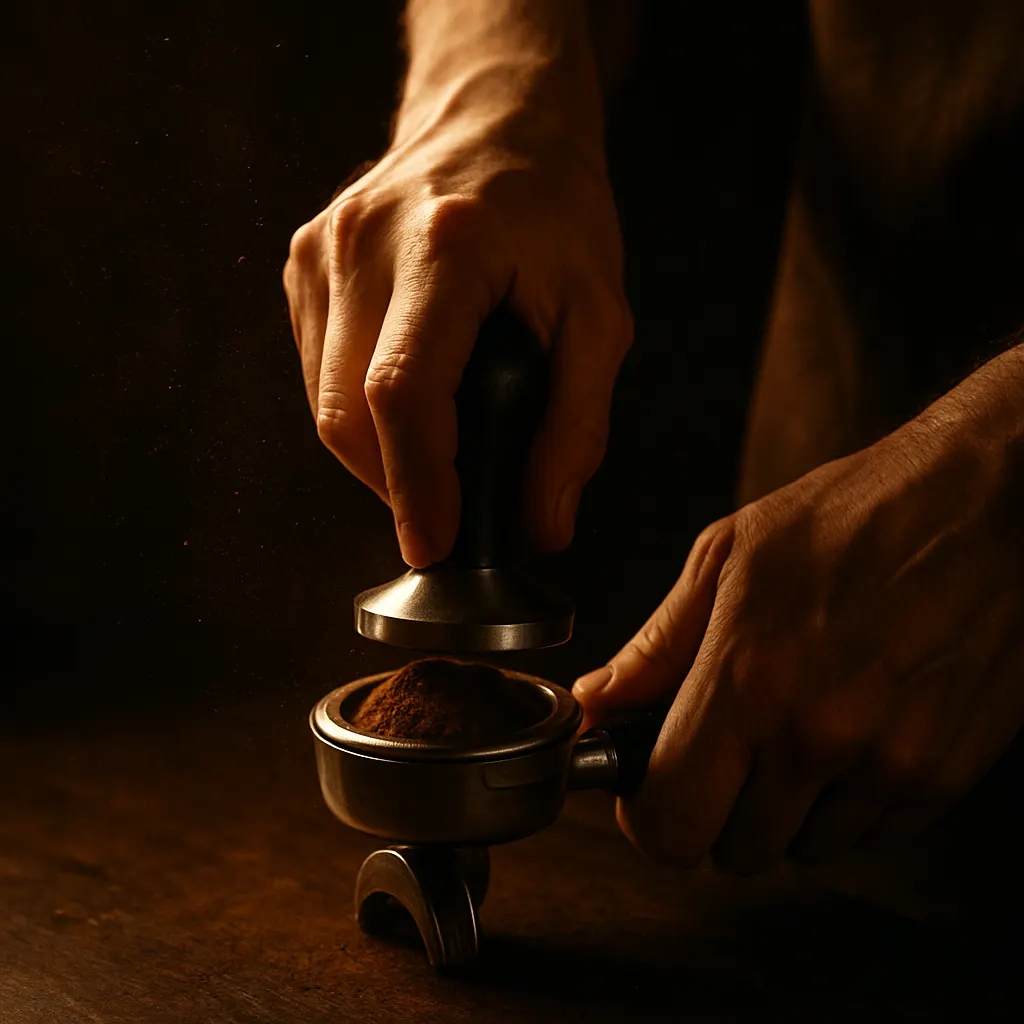Barista's hands tamping espresso grounds in a portafilter