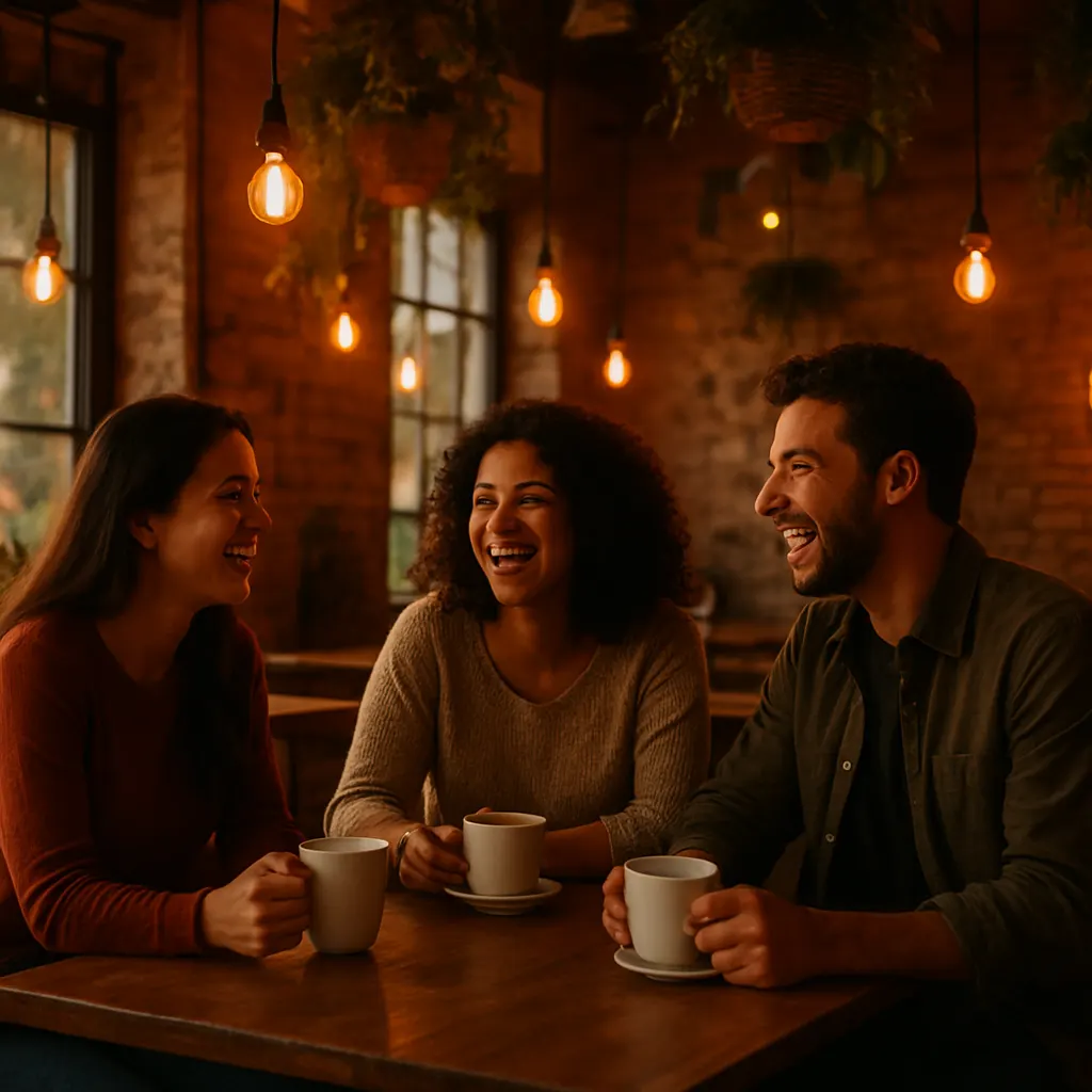 Warm cafe interior with friends sharing coffee at golden hour
